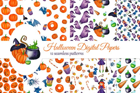 Halloween Digital Papers with Cute Witch Illustrations