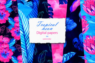 Neon Tropic Digital Paper Pack: Vibrant Illustrations for Bold Blog Design