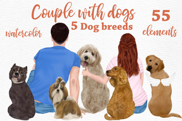 People with Dogs, Dogs Clipart, Dog Breeds Illustrations for Digital Sellers