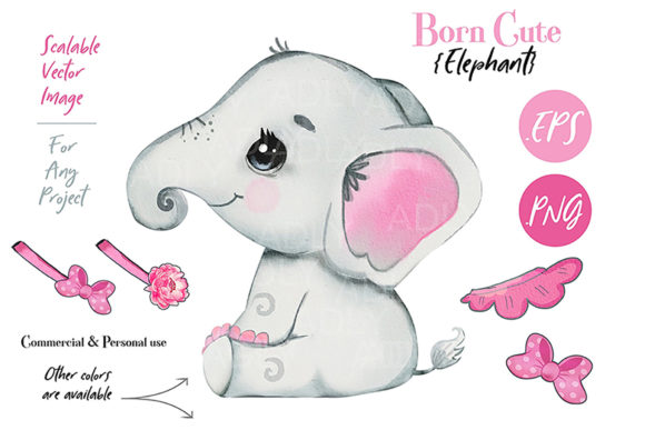 Pink Elephant Clip Art for Baby Showers & Editorial Illustrations