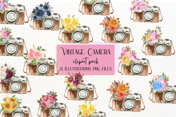 Retro Floral Vintage Camera Clipart for Bloggers and Digital Publishers