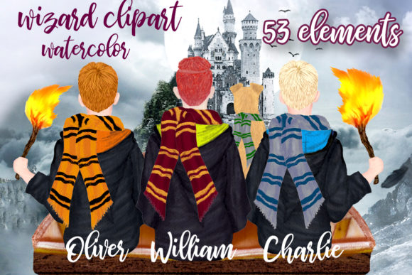 Wizard Boys Clipart & Castel Landscape Illustrations for Digital Sellers